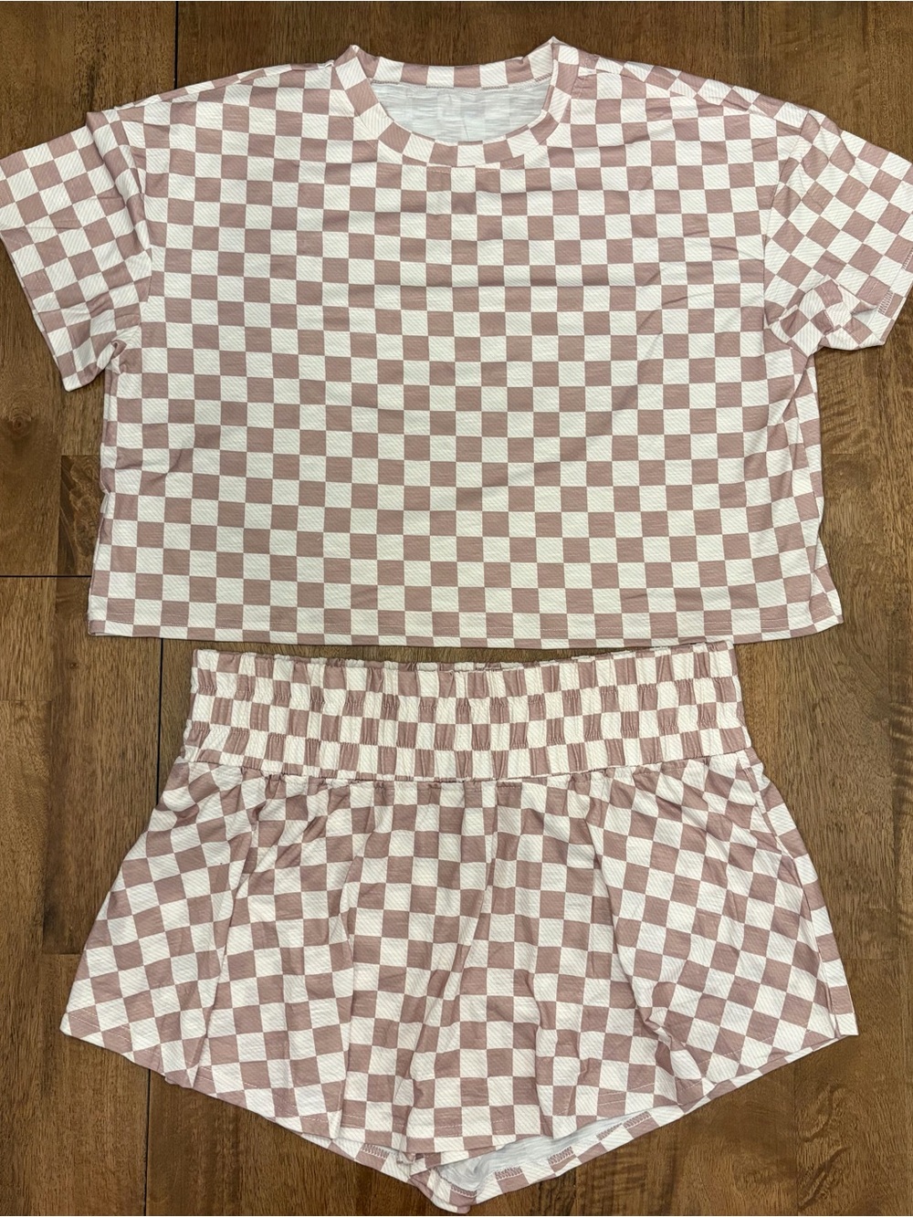 NEW! Checkerboard Crop Tee & Skort Set - Tan and White Size XL